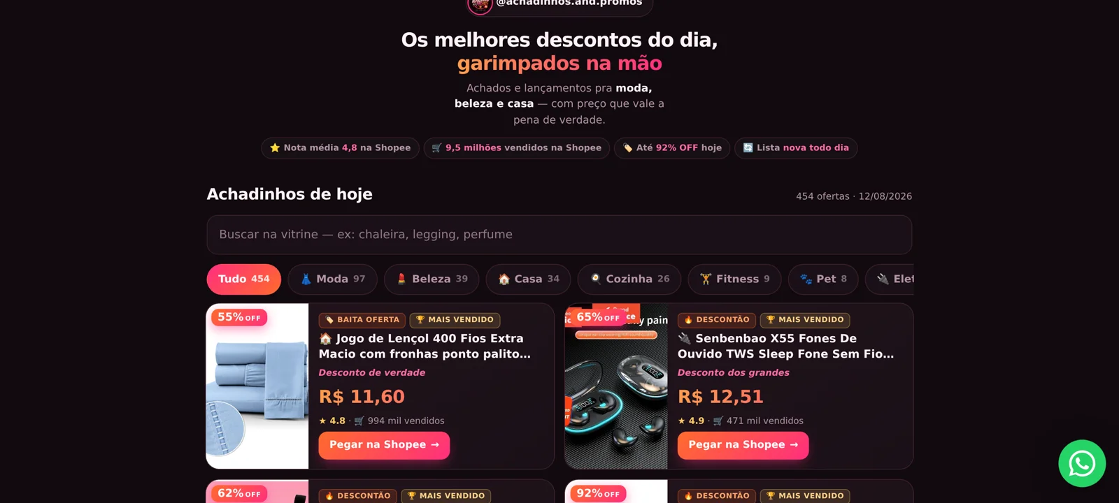 Vitrine de achadinhos publicada e atualizada sozinha, com centenas de ofertas no ar