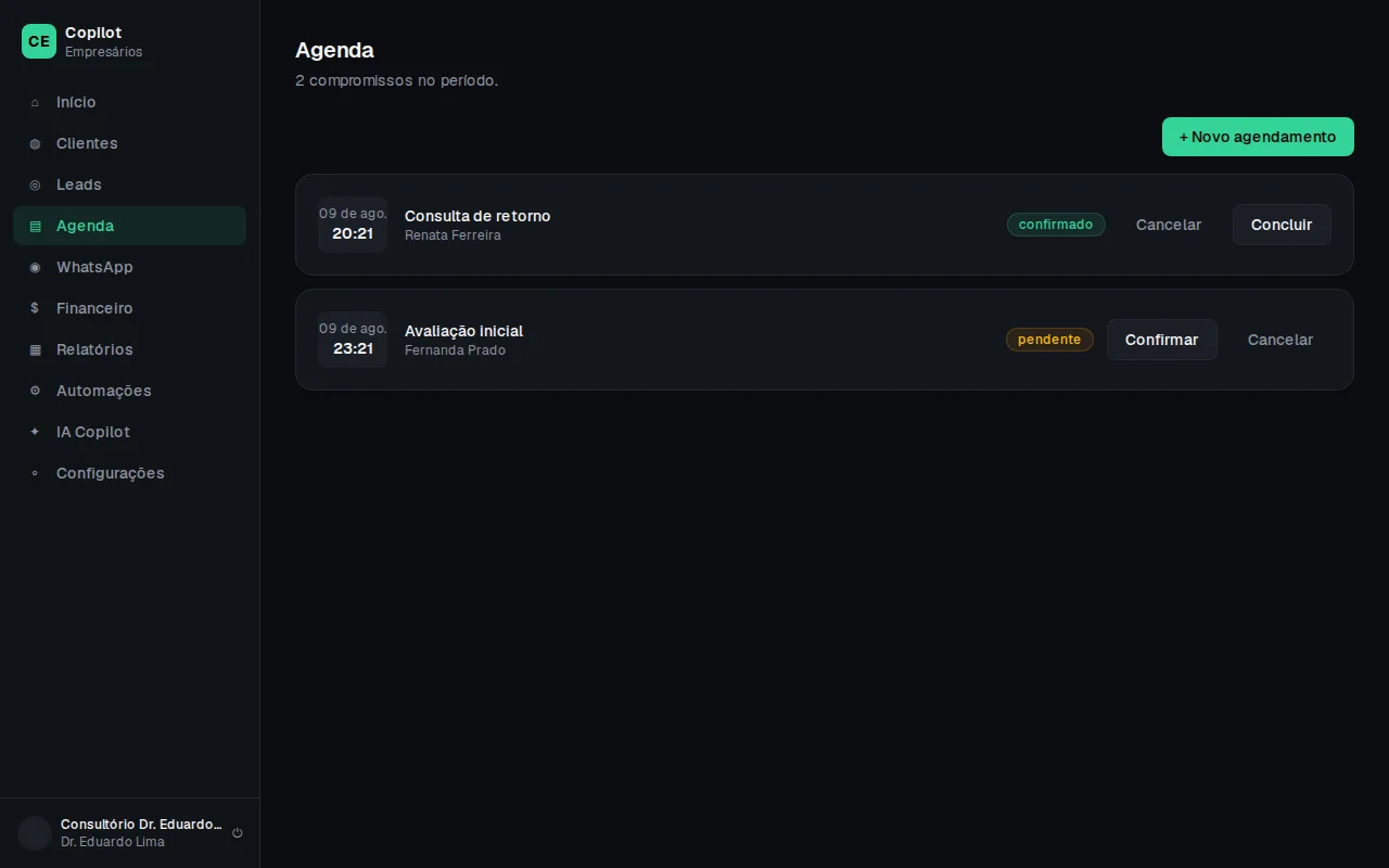 Agenda do dia montada e confirmada automaticamente